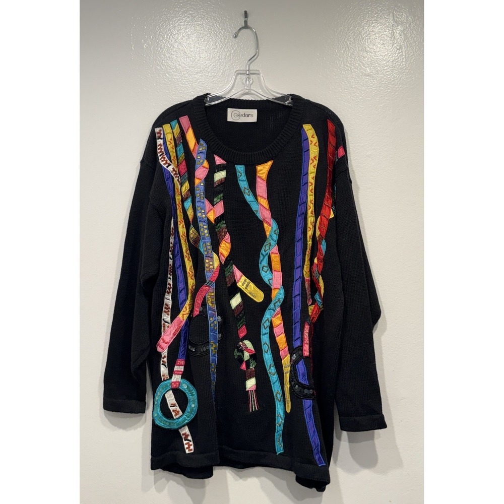 Vintage Cedars Black Sweater Embellished Ribbons Art To Wear Sequin Artsy READ